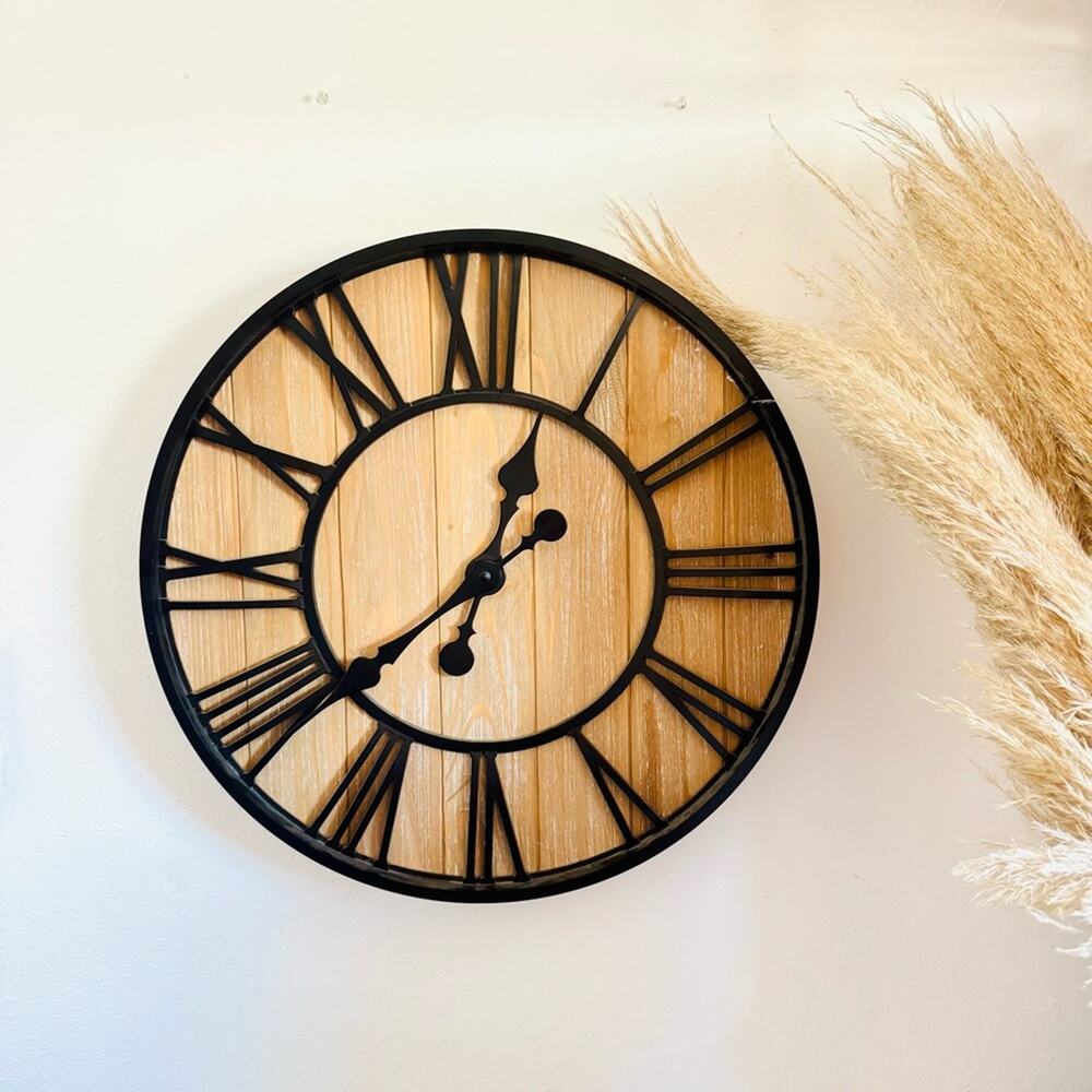 Tan Brown Natural Wood Black Iron Metal Oversized Wall Clock Circle Accent Decor
